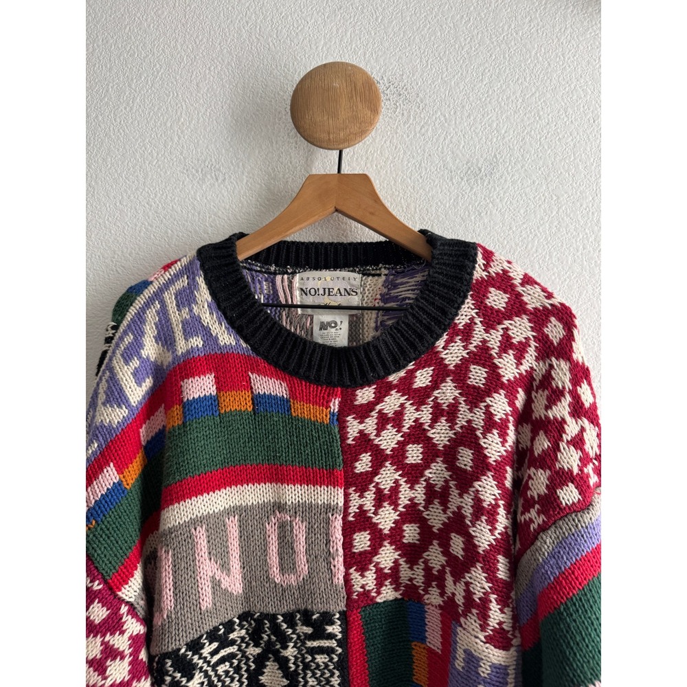Vintage Absolutely NO! Jeans Patchwork Knit Sweater Multi Color Oversized OSFM - Picture 2 of 10